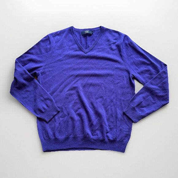 J CREW Sweater Mens Indigo Blue 100% Merino Wool Casual V Neck Preppy Size Large - Picture 1 of 11